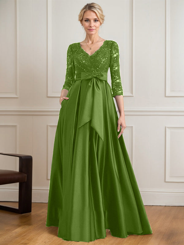 Robe mère de la mariée en satin et dentelle, coupe trapèze, col en V, longue avec nœud à sequins