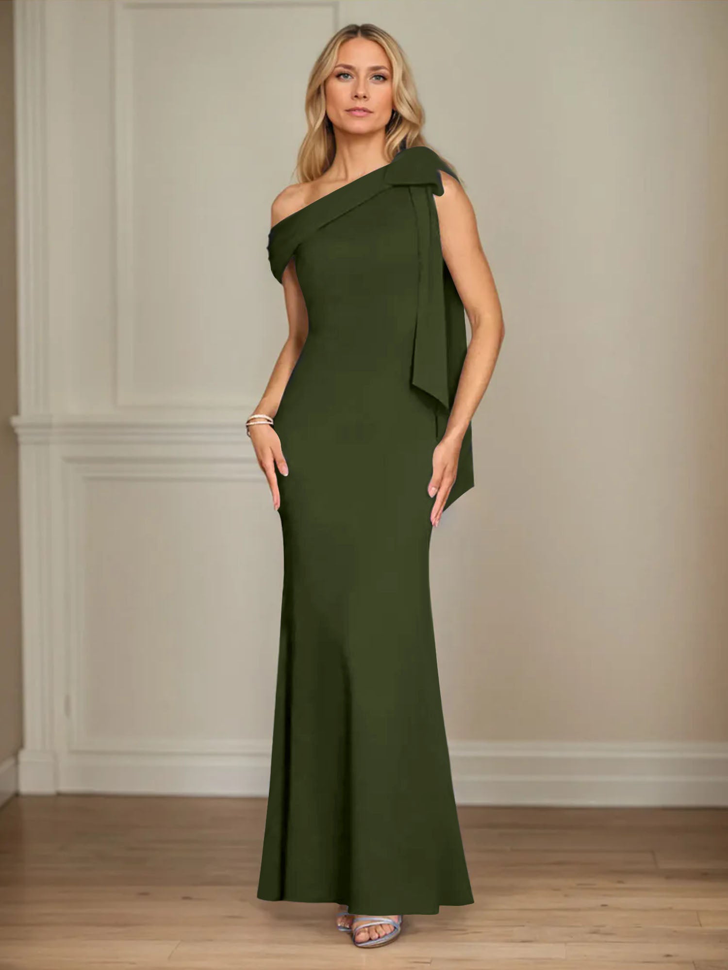 Trumpet/Mermaid Ein-Schulter Ärmelloses Stretch-Crêpe Kleid für die Brautmutter mit Schleife