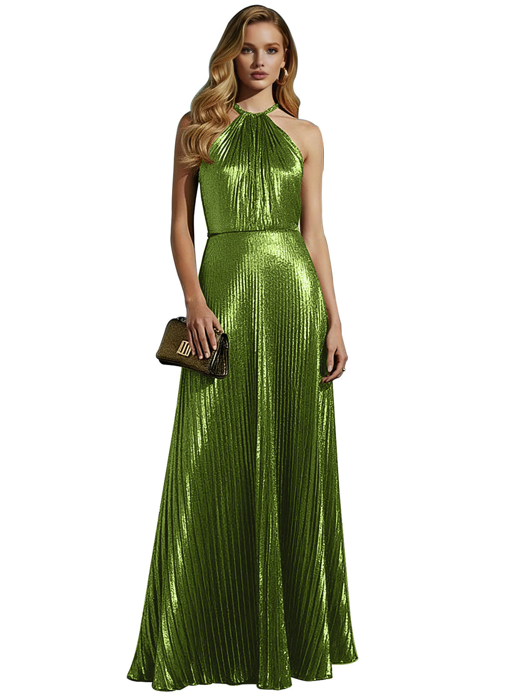Robe de bal longue plissée en or champagne luxueux à col licou