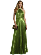 Robe de bal longue plissée en or champagne luxueux à col licou