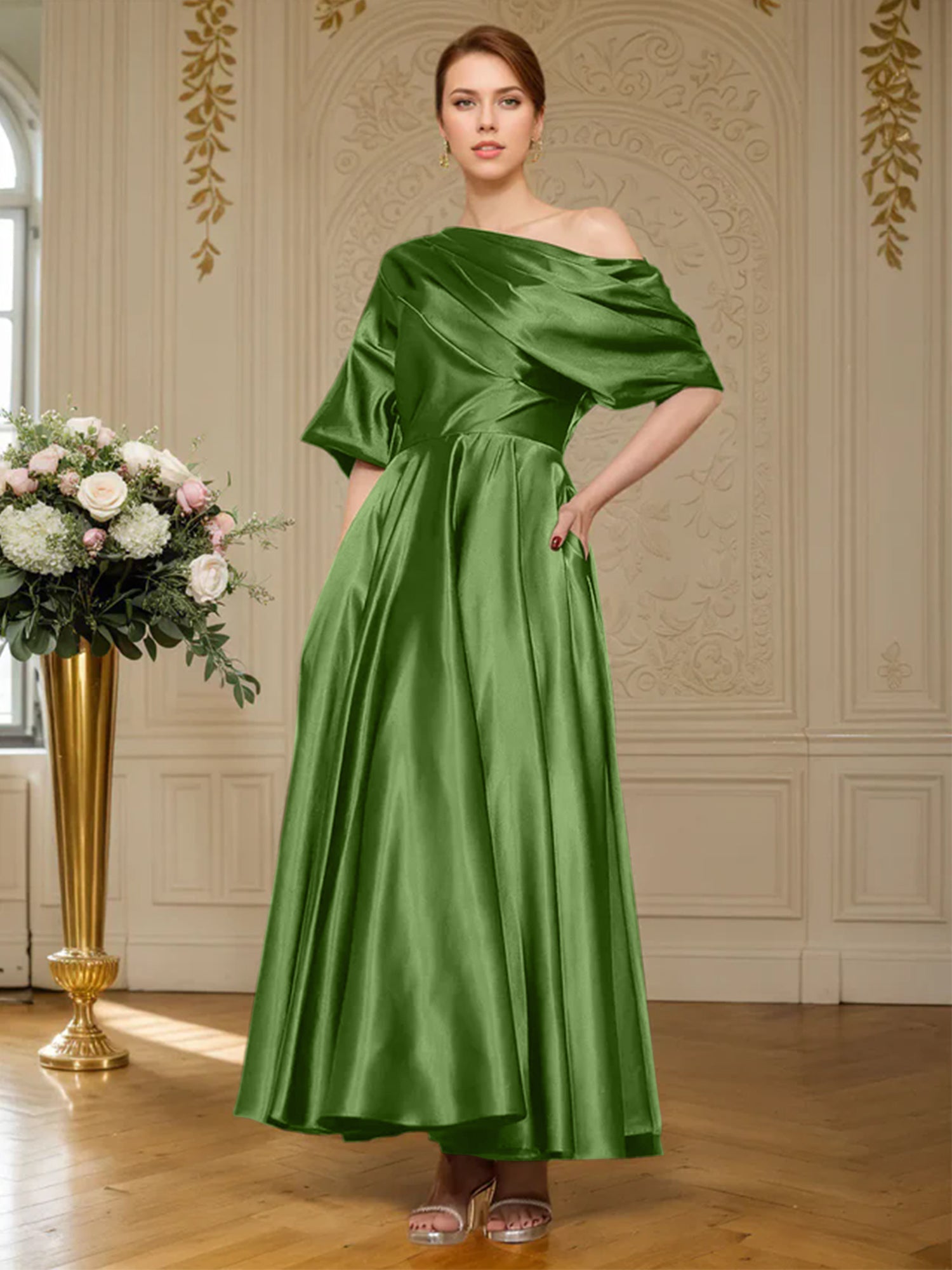 A-Linien Kurzarm plissiertes knöchellanges seidenähnliches Satin Kleid für die Brautmutter