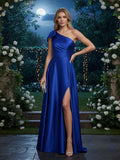One-Shoulder Long Satin Formal Dress with Slit