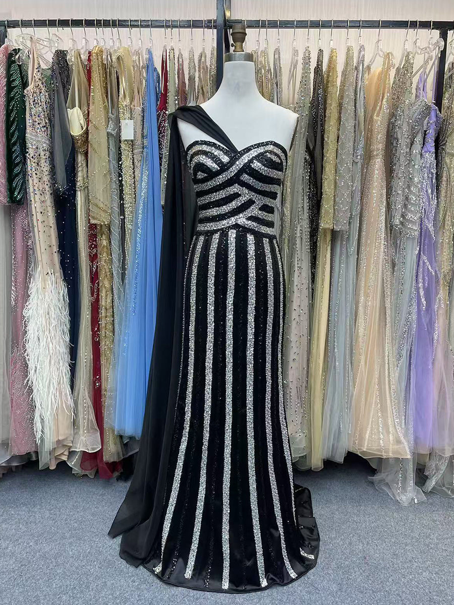 One-Shoulder Sequin Stripe Gown with Chiffon Cape