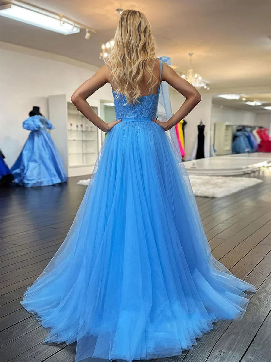Robe de bal en tulle à bretelle unique, drapée et ligne A avec nœud