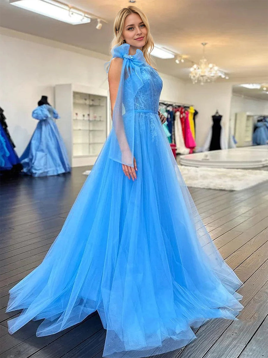 Robe de bal en tulle à bretelle unique, drapée et ligne A avec nœud
