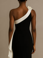 One-Shoulder Meerjungfrau langes schwarzes Krawatten-Formalkleid mit Rüschen