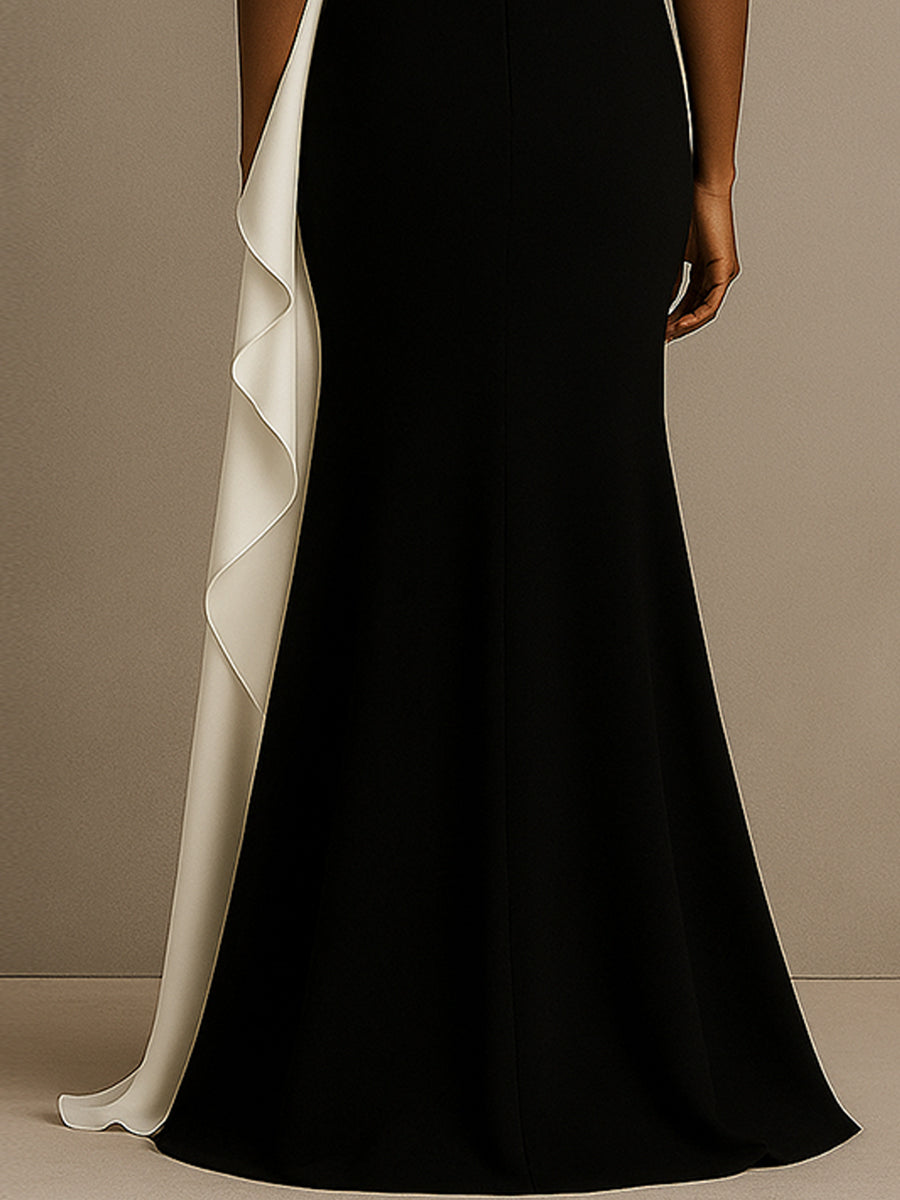 One-Shoulder Meerjungfrau langes schwarzes Krawatten-Formalkleid mit Rüschen