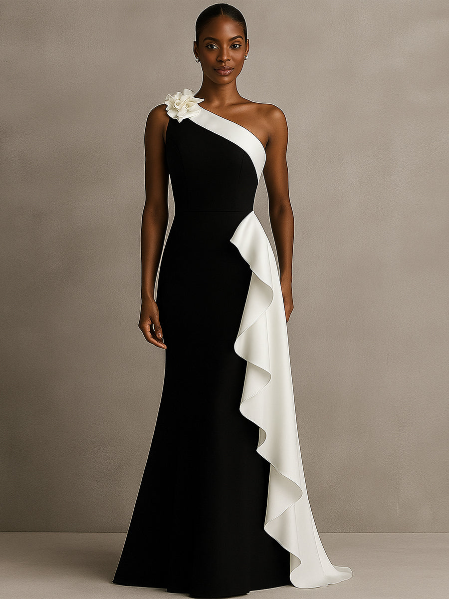 One-Shoulder Meerjungfrau langes schwarzes Krawatten-Formalkleid mit Rüschen