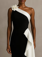 One-Shoulder Meerjungfrau langes schwarzes Krawatten-Formalkleid mit Rüschen
