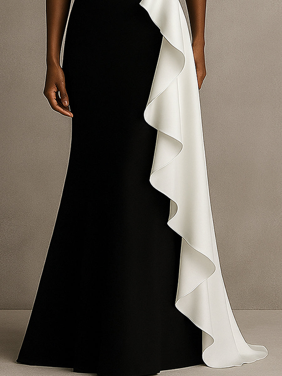 One-Shoulder Meerjungfrau langes schwarzes Krawatten-Formalkleid mit Rüschen