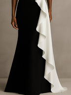 One-Shoulder Meerjungfrau langes schwarzes Krawatten-Formalkleid mit Rüschen