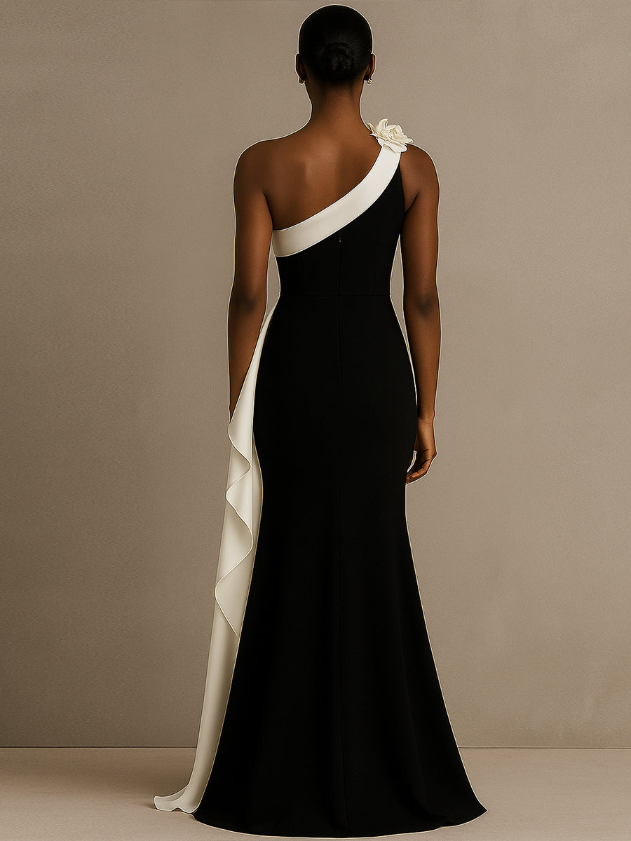 One-Shoulder Meerjungfrau langes schwarzes Krawatten-Formalkleid mit Rüschen