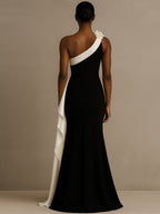One-Shoulder Meerjungfrau langes schwarzes Krawatten-Formalkleid mit Rüschen