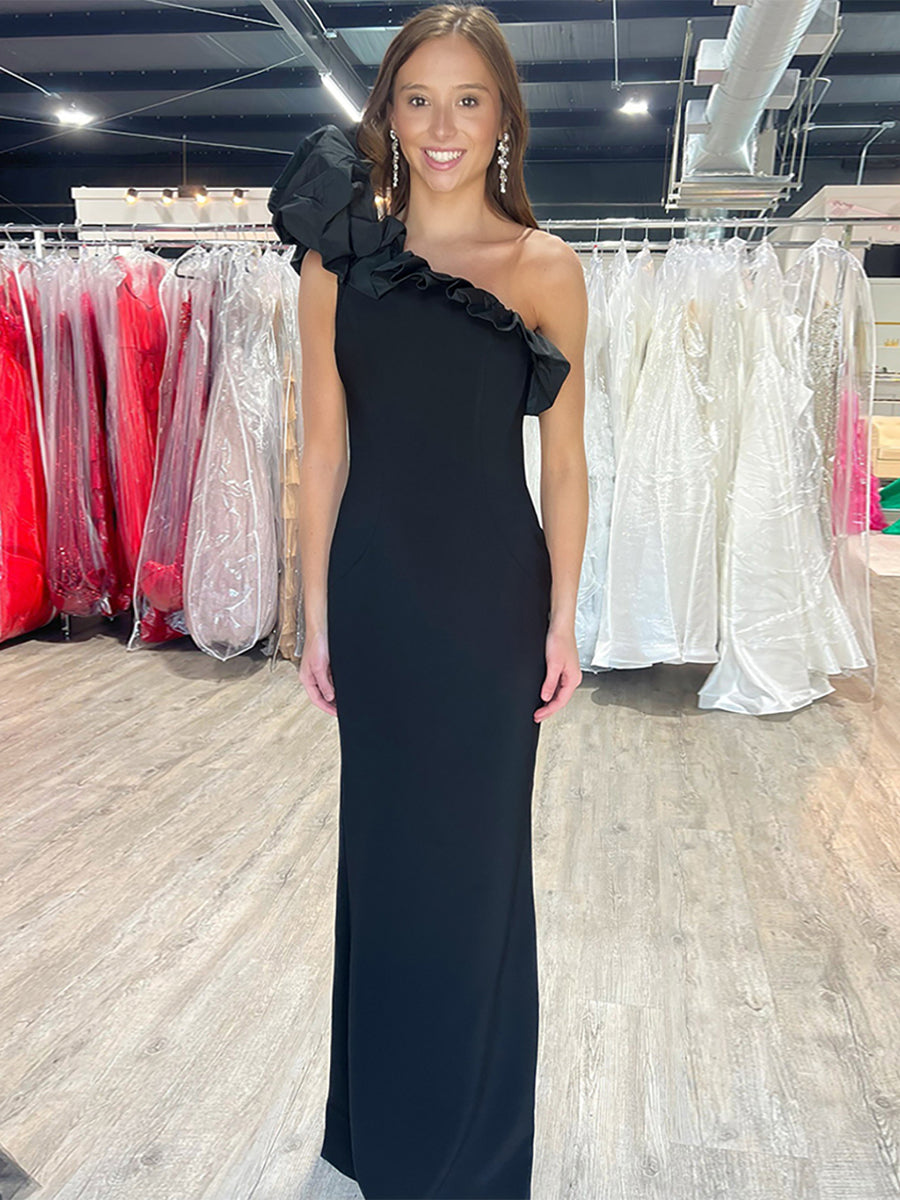 One Shoulder Mermaid Ruffled Satin Long Prom Dress