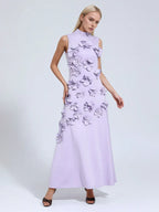 A Line High Neck Sleeveless Floor Length Stretch Crepe Dress With 3D Flowers