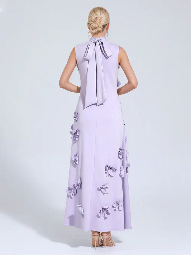 A Line High Neck Sleeveless Floor Length Stretch Crepe Dress With 3D Flowers