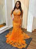 Orange Mermaid Spaghetti Straps V-Neck Long Prom Dress with Lace Applique