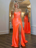 Orange Mermaid Strapless Sheer Bodice Long Prom Dress with High Slit