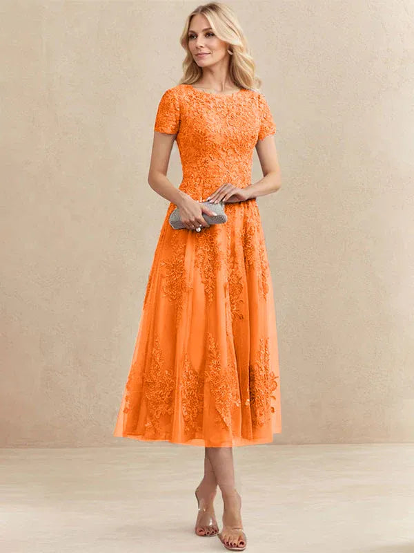 Robe de mère de la mariée A-line en tulle et dentelle, col arrondi, longueur thé