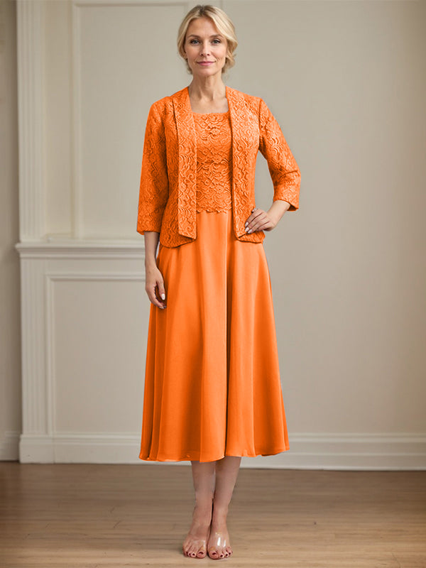 A-Linien Kleid mit Rundhalsausschnitt, tea-länge, Spitze und Chiffon, Mutter der Braut Kleid