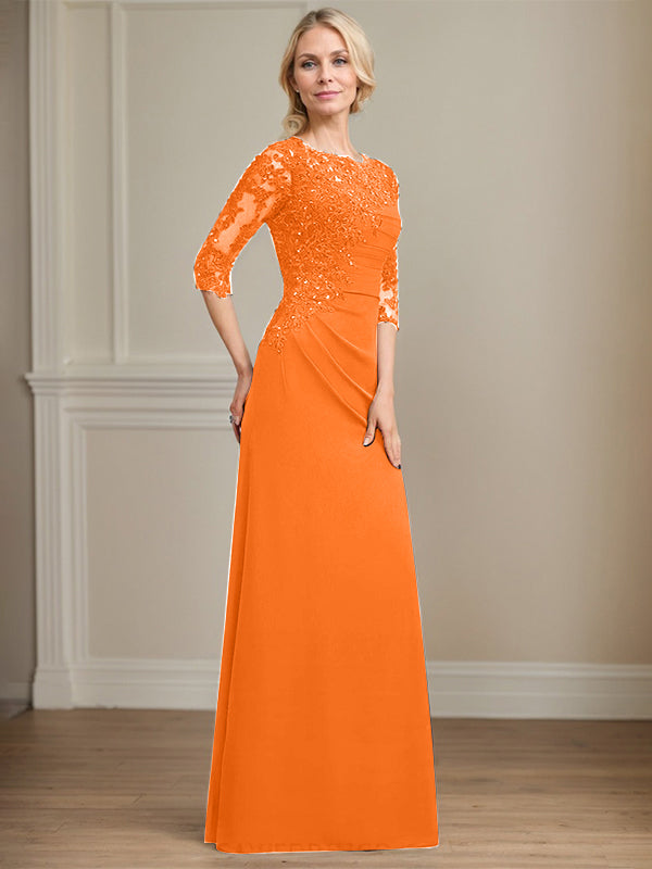 A-Linie Rundhals bodenlanges Chiffon Spitzen Brautmutterkleid mit Perlen Falten Pailletten