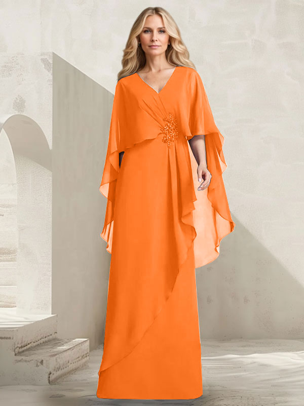 Robe mère de la mariée longue en chiffon coupe trapèze à col en V avec volants en cascade et perles
