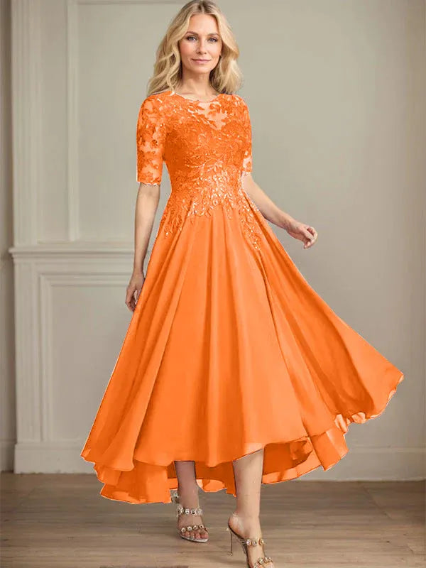 A-Linien Scoop-Ausschnitt Illusion asymmetrisches Chiffon-Spitzen-Mutter-der-Braut-Kleid mit Pailletten