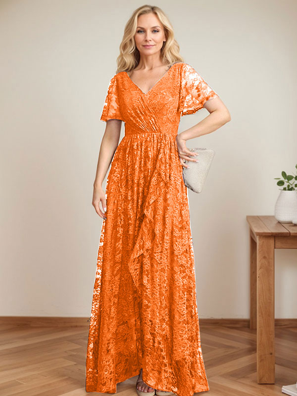 A-Linien Spitzen-Mutter-der-Braut-Kleid mit V-Ausschnitt, asymmetrisch und mit kaskadierenden Rüschen