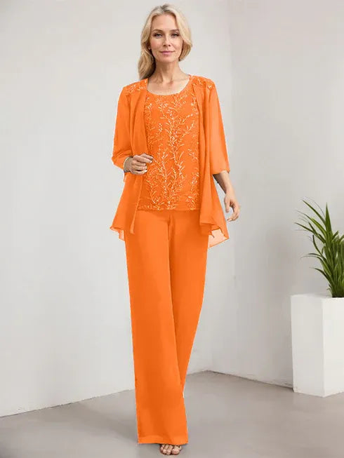 Zweiteiler Jumpsuit/Hosenanzug U-Ausschnitt bodenlanges Spitzen Chiffon Mutter der Braut Kleid mit Pailletten