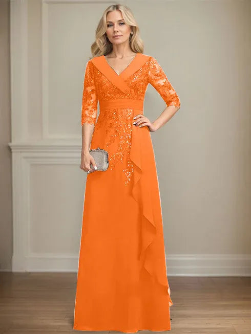 A-Linien Kleid mit Kragen, V-Ausschnitt, bodenlang, aus Spitze und Chiffon, Mutter der Braut Kleid mit Pailletten und fallenden Rüschen