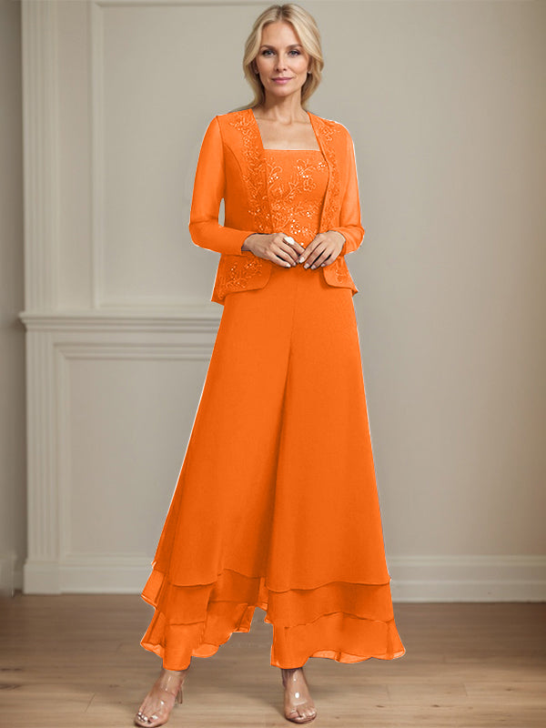 Zweiteiler Jumpsuit/Hosenanzug quadratisch knöchellang Spitze Chiffon Brautmutterkleid mit Pailletten
