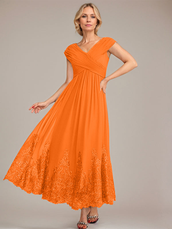 A-Linien V-Ausschnitt Knöchellanges Chiffon Kleid der Brautmutter mit Applikationen und Pailletten