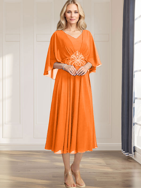 Robe de mère de la mariée en mousseline, longueur thé, col en V, en ligne A, avec appliques plissées, sequins, dentelle et perles