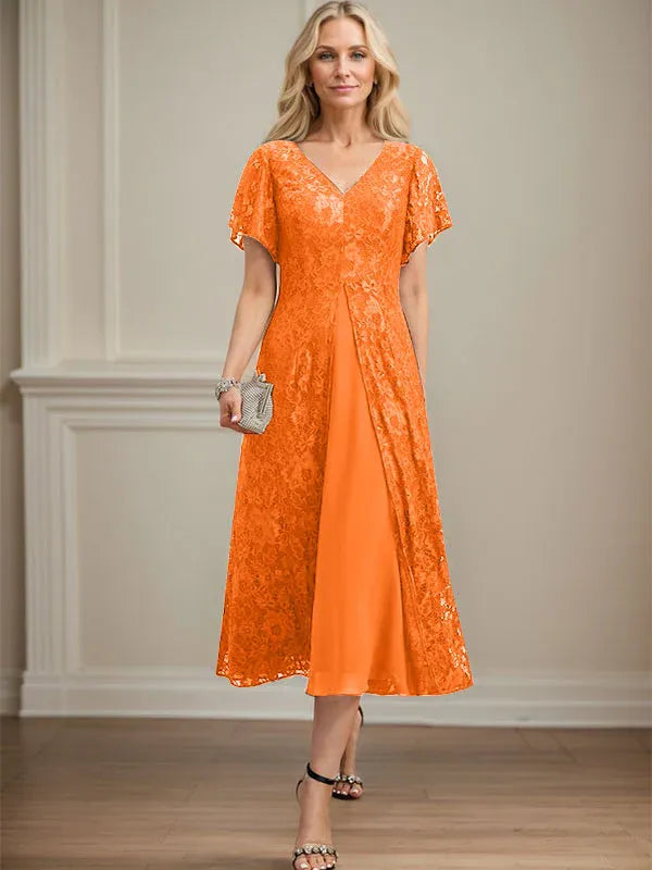 Robe mère de la mariée ligne A en dentelle et mousseline à col en V longueur thé