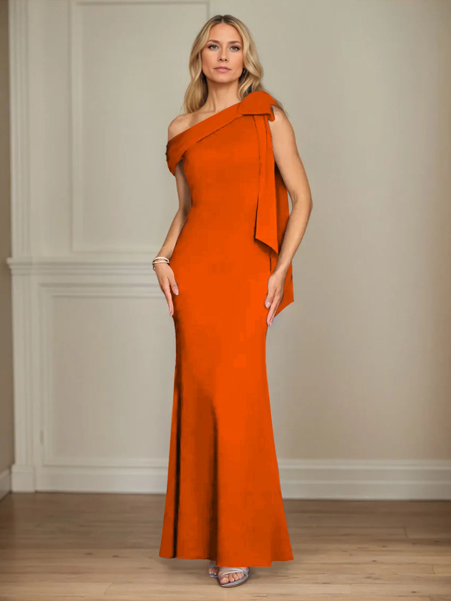 Trumpet/Mermaid Ein-Schulter Ärmelloses Stretch-Crêpe Kleid für die Brautmutter mit Schleife