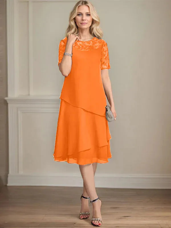 A-Linien Rundhals Illusions-Knie-Länge Spitzen-Chiffon Kleid für die Brautmutter mit Pailletten