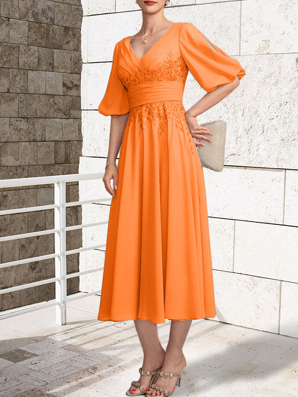 A-Linien Mutterkleid mit V-Ausschnitt, tea-length, Spitze und Chiffon mit Falten