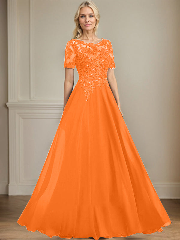 A-Linien Rundhals Illusions-Bodenlanges Chiffon-Spitzenkleid für die Mutter der Braut mit Pailletten und Perlen