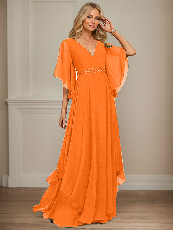 A-Linien V-Ausschnitt bodenlanges Chiffon-Mutter-der-Braut-Kleid mit Pailletten-Applikationen, Spitze und Perlen