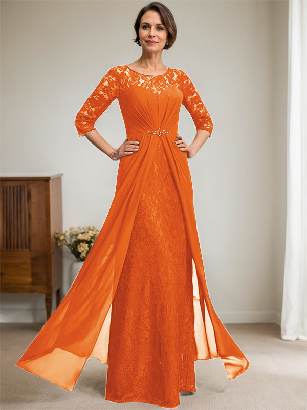 A-Linien Rundhalsausschnitt Illusions-Bodenlanges Spitzen-Chiffonkleid für die Brautmutter mit Perlen und Volants