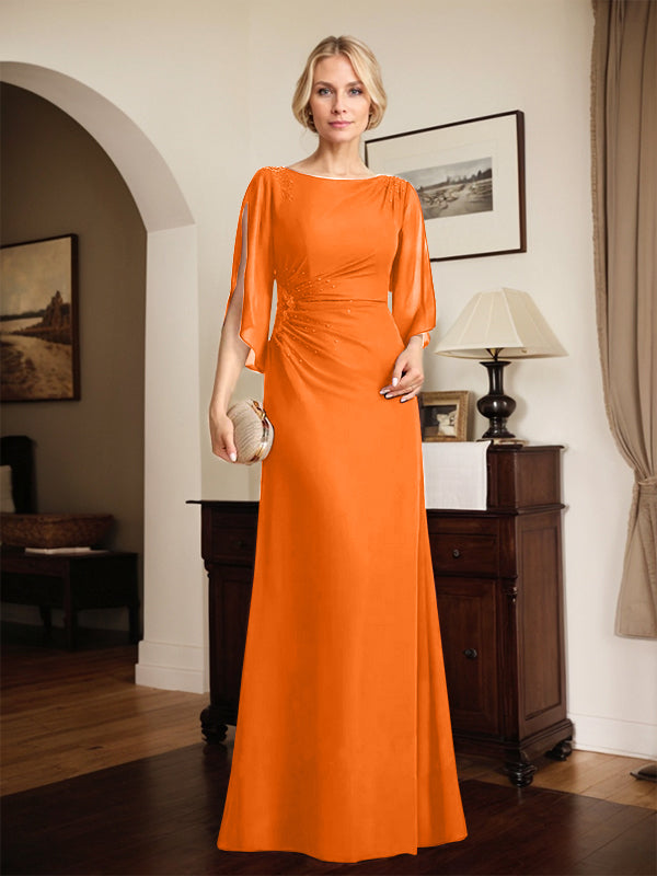 Etuikleid/Säule Rundhals bodenlanges Chiffon Kleid der Brautmutter mit plissierten Perlen