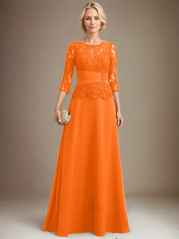 A-Linien Kleid mit Scoop-Ausschnitt, Illusion, bodenlangem Chiffon und Spitze, Mutter-der-Braut-Kleid mit plissierten Pailletten und Perlenbesatz