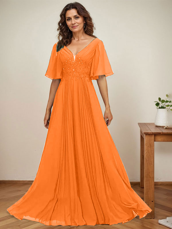 A-Linien V-Ausschnitt bodenlanges Chiffon Mutterkleid der Braut mit Pailletten-Applikationen, Spitze und Falten