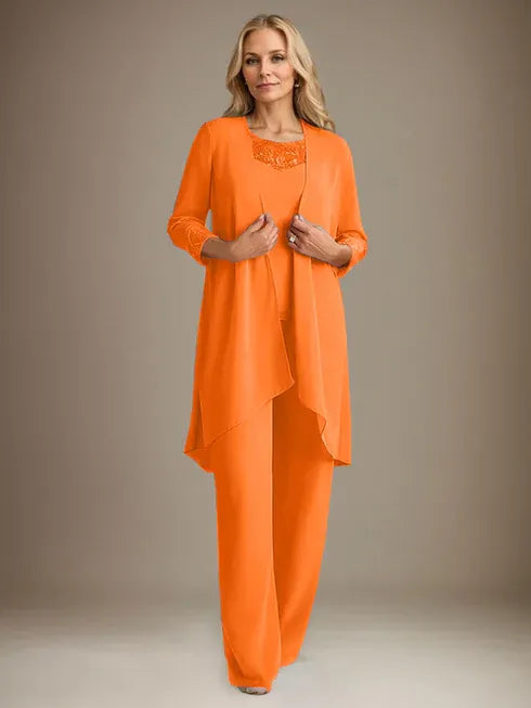 Chiffon Kleid mit Rundhalsausschnitt und langen Ärmeln, Mutter-der-Braut Hosenanzug mit Jacke