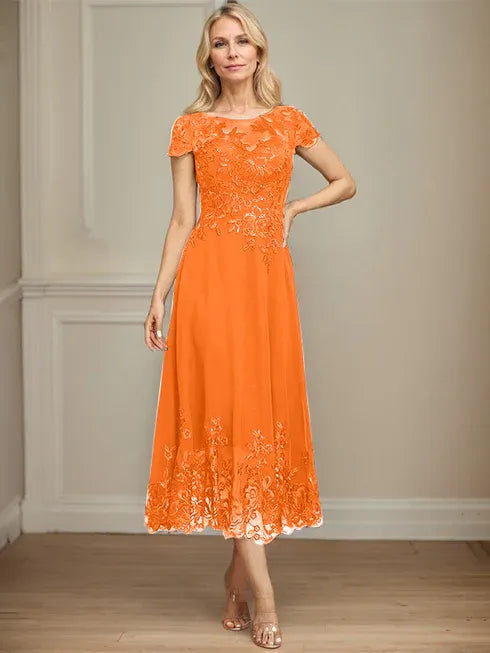 A-Linien Illusions Rundhals tea-langes Spitzenchiffon Mutter der Braut Kleid mit Pailletten