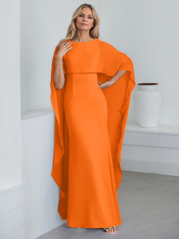 Etui-Kleid mit Rundhalsausschnitt, bodenlang, Chiffon, Mutter-der-Braut-Kleid mit kaskadierenden Rüschen