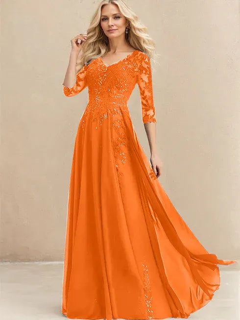 A-Linien V-Ausschnitt Bodenlanges Spitzen-Chiffon Kleid für die Brautmutter mit Pailletten