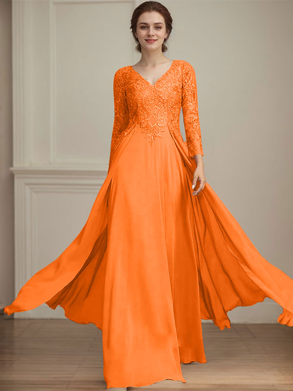 A-Linien V-Ausschnitt Bodenlanges Spitzen-Chiffon Kleid für die Brautmutter mit Pailletten