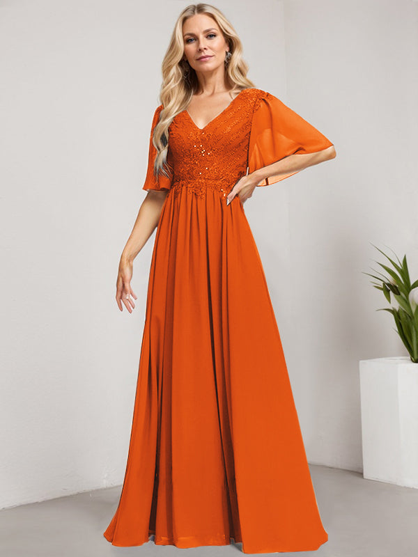 Robe mère de la mariée ligne A col en V longue en dentelle et chiffon avec sequins