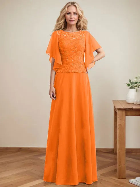 A-Linien Rundhals Illusions-Bodenlanges Spitzen-Chiffon Mutter-der-Braut-Kleid mit Pailletten